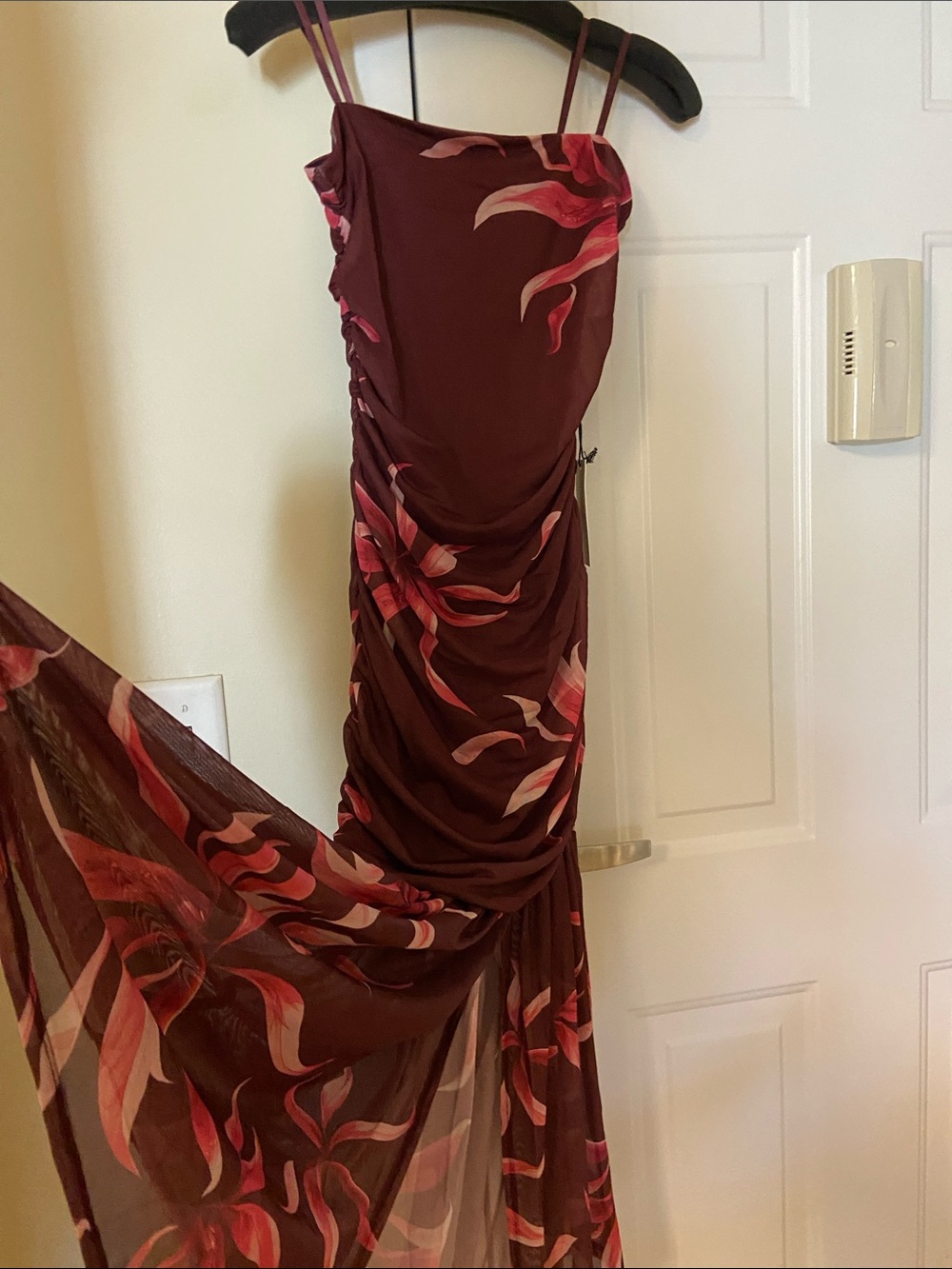 Burgundy Floral Tube Evening Dress - Elegant Ruched Maxi Dress
